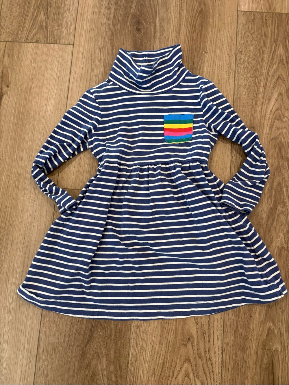 Boden Navy and White Striped Turtleneck Dress with Rainbow Pocket